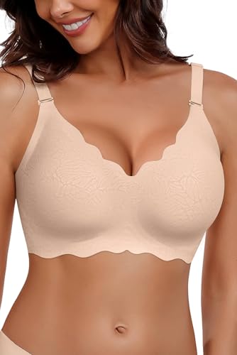 HORISUN BHS für Damen ohne Bügel, V-Ausschnitt, gewellte, bügellose Bralettes mit weicher Stütze, bequemer, Nahtloser T-Shirt-BH (Milchkaffee M) von HORISUN