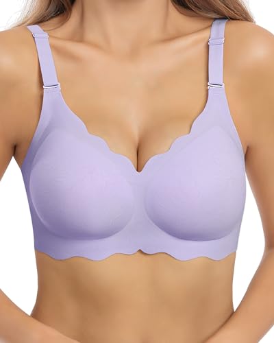 HORISUN Damen-BH gewellt nahtlos V-Ausschnitt Spitze Blumenmuster drahtlos Bralette festes Polster ohne Bügel BH (Helles Violett XL) von HORISUN