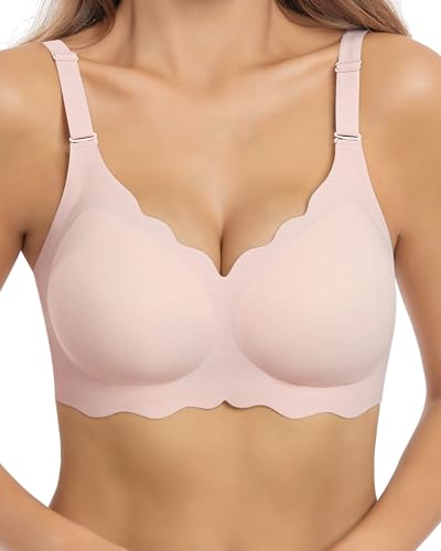 HORISUN Damen-BH gewellt nahtlos V-Ausschnitt Spitze Blumenmuster drahtlos Bralette festes Polster ohne Bügel BH (Rosa XL) von HORISUN