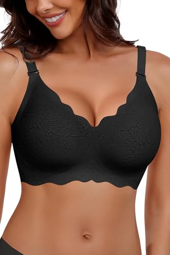 HORISUN BHS für Damen ohne Bügel, V-Ausschnitt, gewellte, bügellose Bralettes mit weicher Stütze, bequemer, Nahtloser T-Shirt-BH (Schwarz XXL) von HORISUN