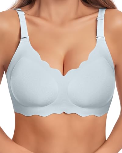 HORISUN Nahtloser Damen-BH, gewellt, V-Ausschnitt, Spitze, florales Muster, ohne Bügel, Hell, blau, Large von HORISUN