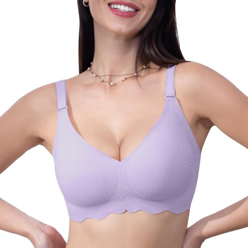 HORISUN Nahtloser bügelloser Spitzen-BH für Damen, ohne Bügel, weicher V-Ausschnitt, sanfte Unterstützung, T-Shirt-BH (Lila,M) von HORISUN