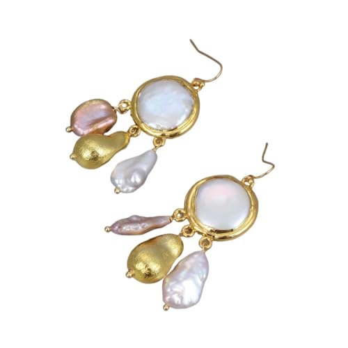 HOROJDTH Schmuck natürliche kultivierte weiße Münzperle goldfarben plattiert lila Keshi-Perle baumelnde Hakenohrringe for Frauen von HOROJDTH