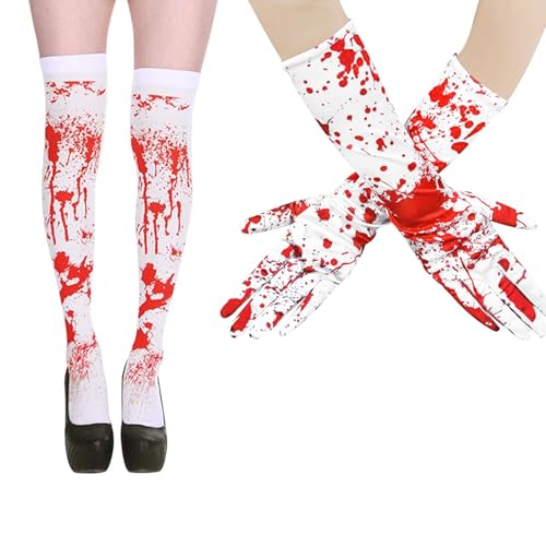 HORREX Halloweenblutsocken Halloween Blutige füR Halloween Blutige Handschuhe Socken Set,Cosplay Blutiges Halloween Karneval Mottoparty KostüMe füR Frauen Gruselige Blutsocken und Handschuhe von HORREX