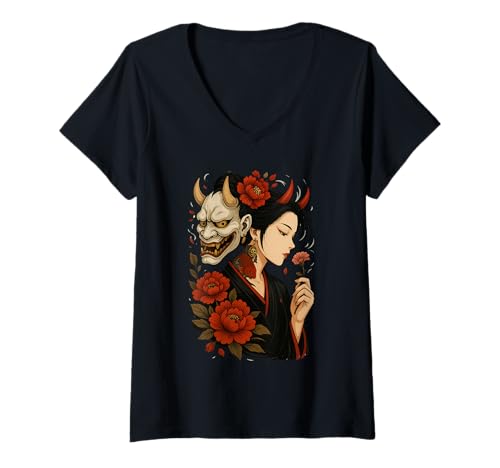 Damen Japanische rote Spinnenlilie in weicher Grunge-Ästhetik T-Shirt mit V-Ausschnitt Damen Japanische rote Spinnenlilie in weicher Grunge-Ästhetik T-Shirt mit V-Ausschnitt von HORROR ANIME MANGA AESTHETIC