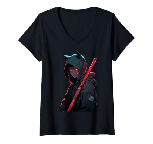 Damen Japanisches Anime-Samurai-Mädchen T-Shirt mit V-Ausschnitt Damen Japanisches Anime-Samurai-Mädchen T-Shirt mit V-Ausschnitt von HORROR ANIME MANGA AESTHETIC