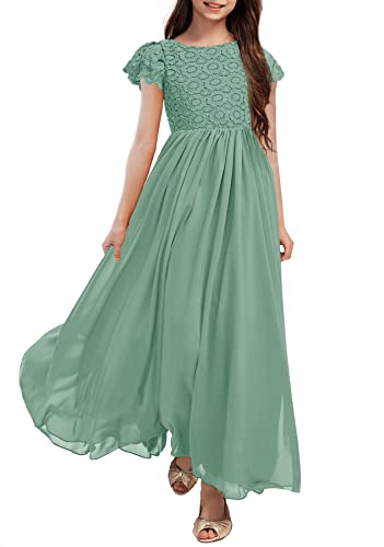 HOSIKA Mädchen Vintage Chiffon Rüschenärmel A-Linie Hochzeit Party Maxi Junior Brautjungfernkleid für Kinder 6–12 Jahre, Hellgrün, 116 von HOSIKA
