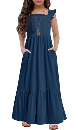 HOSIKA Sommer-Sommerkleid für Mädchen, lässig, ärmellos, gesmokt, Aline, fließendes Maxi-Boho-Strandkleid mit Taschen, 6–12 Jahre, Marineblau, 140 von HOSIKA