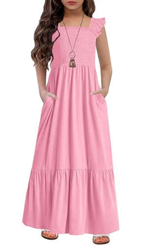 HOSIKA Sommer-Sommerkleid für Mädchen, lässig, ärmellos, gesmokt, Aline, fließendes Maxi-Boho-Strandkleid mit Taschen, 6–12 Jahre, Pink, 140 von HOSIKA