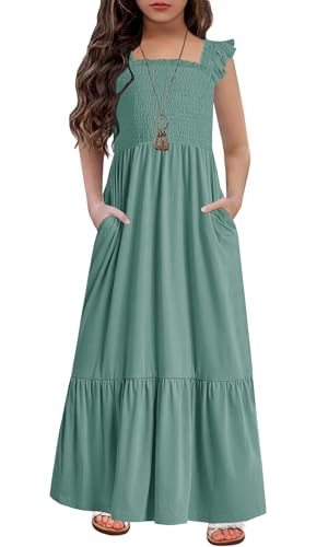 HOSIKA Sommer-Sommerkleid für Mädchen, lässig, ärmellos, gesmokt, Aline, fließendes Maxi-Boho-Strandkleid mit Taschen, 6–12 Jahre, Salbei, 140 von HOSIKA