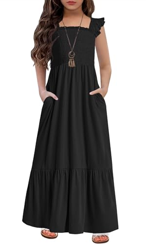 HOSIKA Sommer-Sommerkleid für Mädchen, lässig, ärmellos, gesmokt, Aline, fließendes Maxi-Boho-Strandkleid mit Taschen, 6–12 Jahre, Schwarz, 152 von HOSIKA