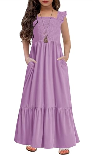 HOSIKA Sommer-Sommerkleid für Mädchen, lässig, ärmellos, gesmokt, Aline, fließendes Maxi-Boho-Strandkleid mit Taschen, 6–12 Jahre, Violett, 140 von HOSIKA