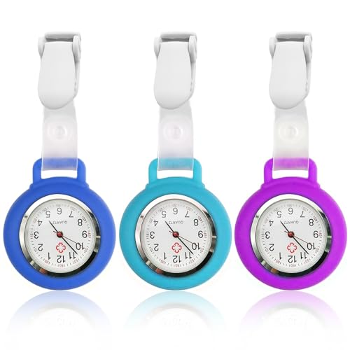 HOSPAOP Krankenschwester Uhren mit Clip, 3 Pcs Schwesternuhr Analog Quarzwerk Pflegeruhr Ansteckuhr Taschenuhr Schwester Uhr aus Silikon für Damen Herren Pfleger Ärzte zubehör von HOSPAOP