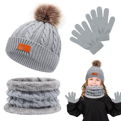 HOSSOM Kinder Wintermütze Schal Handschuhe Set,3 in1 Pompon Strickmütze Babymütze Mütze Set,Strickmütze Winterhandschuhe Set für Kinder 1-5 Jahre HOSSOM Kinder Wintermütze Schal Handschuhe Set,3 in1 Pompon Strickmütze Babymütze Mütze Set,Strickmütze Winterhandschuhe Set für Kinder 1-5 Jahre von HOSSOM
