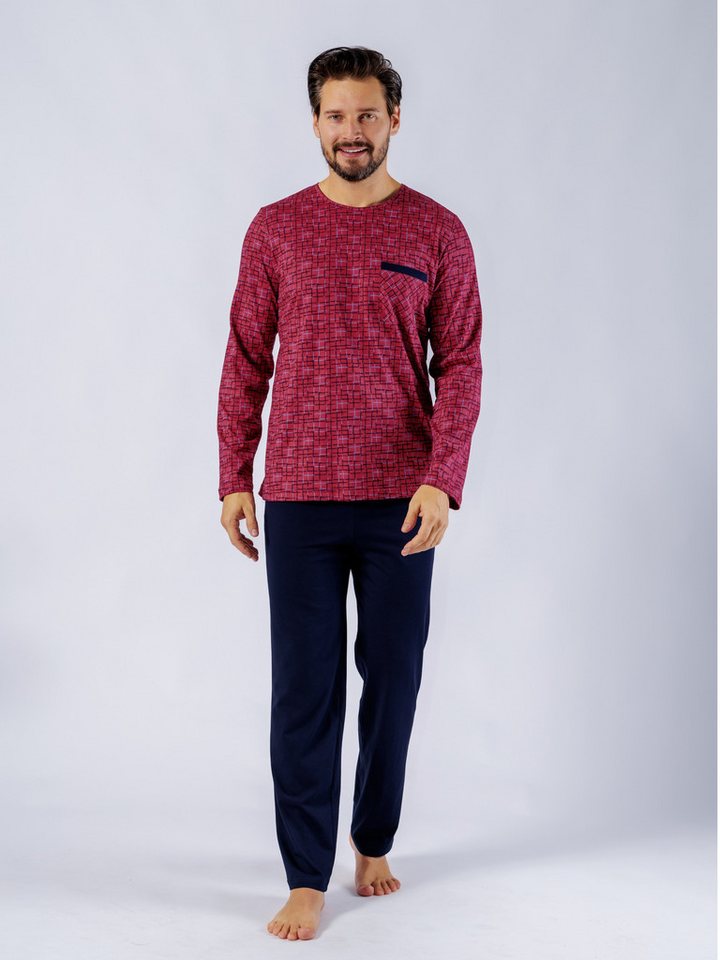 HOTBERG Pyjama (2 tlg) Hose uni, Shirt mit Karomuster und Brusttasche von HOTBERG