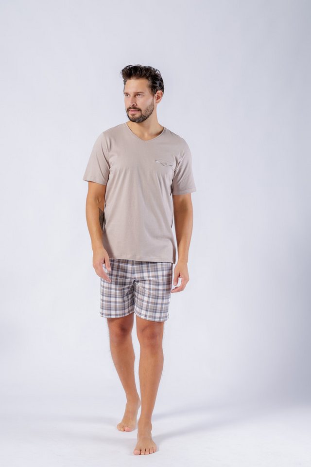 HOTBERG Pyjama kurzer Schlafanzug aus 100% Baumwolle (2 tlg) V-Ausschnitt, mit karierter Shorts von HOTBERG