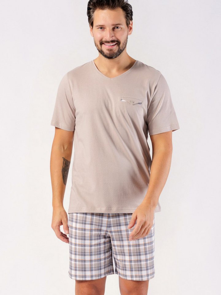 HOTBERG Pyjama kurzer Schlafanzug aus 100% Baumwolle (2 tlg) V-Ausschnitt, mit karierter Shorts von HOTBERG