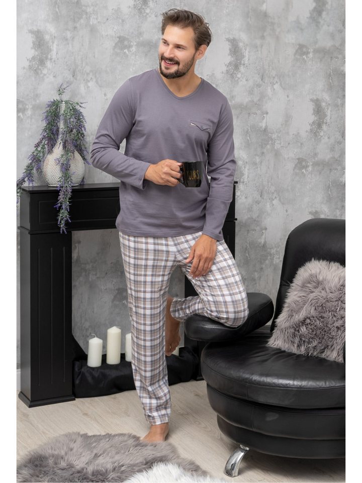 HOTBERG Pyjama langer Schlafanzug aus Baumwolle Karo-Pyjamahose, Made in EU von HOTBERG