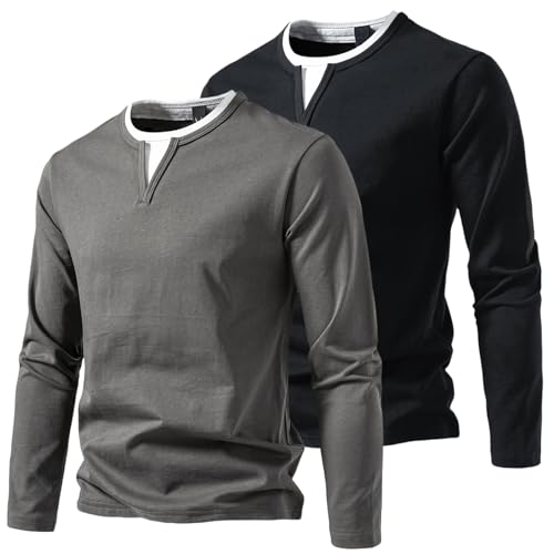2er/Pack Herren Langarmshirts mit V-Ausschnitt Basic Pullover Henley Shirt Oberteile Freizeit Sweatshirt T-Shirt für Männer BK+DGY S von HOTIAN