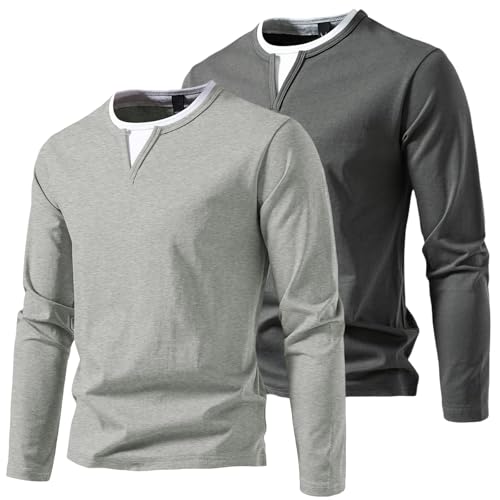 2er/Pack Herren Langarmshirts mit V-Ausschnitt Basic Pullover Henley Shirt Oberteile Freizeit Sweatshirt T-Shirt für Männer LGY+DGY S von HOTIAN