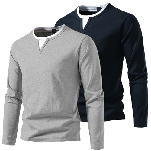 2er/Pack Herren Langarmshirts mit V-Ausschnitt Basic Pullover Henley Shirt Oberteile Freizeit Sweatshirt T-Shirt für Männer LGY+NY XXL von HOTIAN