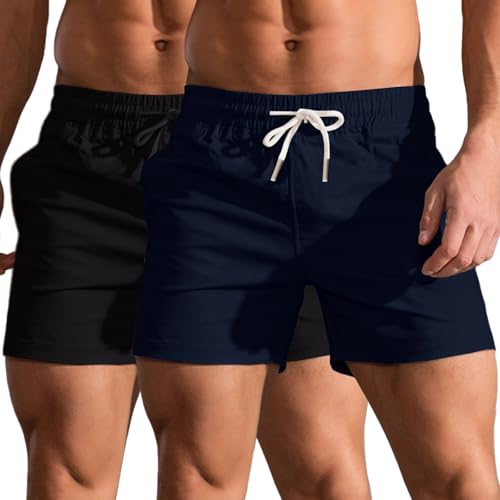 HOTIAN 2er Pack Shorts Herren Kurze Sommer Bermuda Shorts Baumwolle Jogginghose Elastische Taille mit Taschen Freizeitshorts BK+Bus von HOTIAN