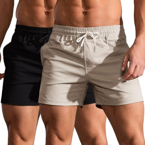 HOTIAN 2er Pack Shorts Herren Kurze Sommer Bermuda Shorts Baumwolle Jogginghose Elastische Taille mit Taschen Freizeitshorts BK+KK XS von HOTIAN