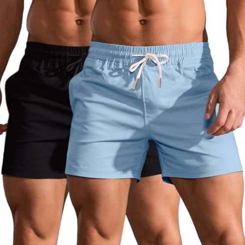 HOTIAN 2er Pack Shorts Herren Kurze Sommer Bermuda Shorts Baumwolle Jogginghose Elastische Taille mit Taschen Freizeitshorts BK+LBU L von HOTIAN