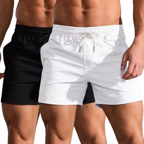 HOTIAN 2er Pack Shorts Herren Kurze Sommer Bermuda Shorts Baumwolle Jogginghose Elastische Taille mit Taschen Freizeitshorts BK+WTS von HOTIAN