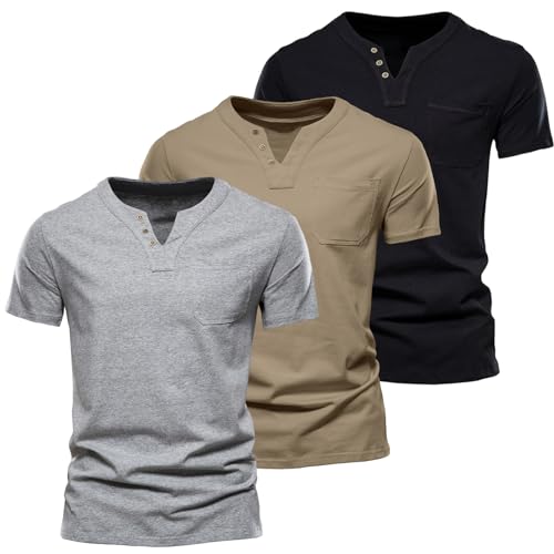 HOTIAN 3er Pack Henley Herren T-Shirt V-Ausschnitt T-Shirt Sommer Freizeit Kurzarm Causal Shirt Slim Fit von HOTIAN