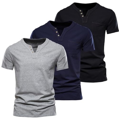 HOTIAN 3er Pack Henley Herren T-Shirt V-Ausschnitt T-Shirt Sommer Freizeit Kurzarm Causal Shirt Slim Fit von HOTIAN