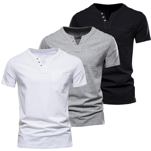 HOTIAN 3er Pack Henley Herren T-Shirt V-Ausschnitt T-Shirt Sommer Freizeit Kurzarm Causal Shirt Slim Fit von HOTIAN