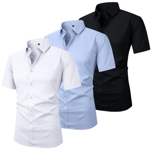 HOTIAN 3er Pack Herren Kurzarm Hemden Freizeithemd Businesshemd Sommer Herren Kurzarm Casual Regular Fit Bügelfrei Hemd Bügelfreies Herrenhemd von HOTIAN