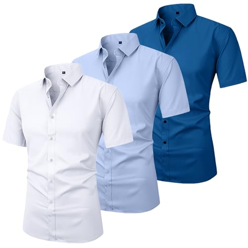 HOTIAN 3er Pack Herren Kurzarm Hemden Freizeithemd Businesshemd Sommer Herren Kurzarm Casual Regular Fit Bügelfrei Hemd Bügelfreies Herrenhemd von HOTIAN