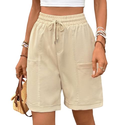 HOTIAN Bermuda Shorts Damen Lange Elastische Hohe Taille Weite Bein Kurzhose Sommerhose Baumwolle Casual Sporthose mit Taschen von HOTIAN