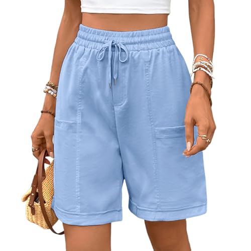 HOTIAN Bermuda Shorts Damen Lange Elastische Hohe Taille Weite Bein Kurzhose Sommerhose Baumwolle Casual Sporthose mit Taschen von HOTIAN