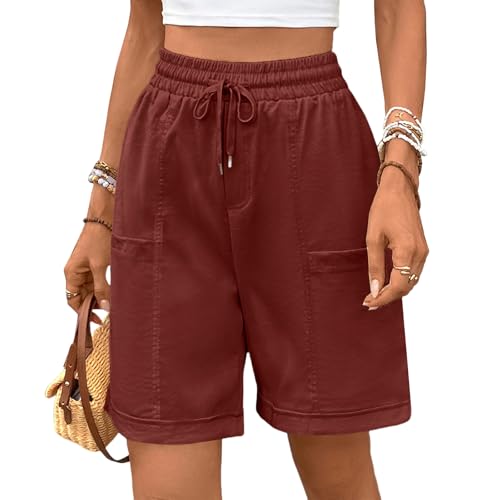 HOTIAN Bermuda Shorts Damen Lange Elastische Hohe Taille Weite Bein Kurzhose Sommerhose Baumwolle Casual Sporthose mit Taschen von HOTIAN