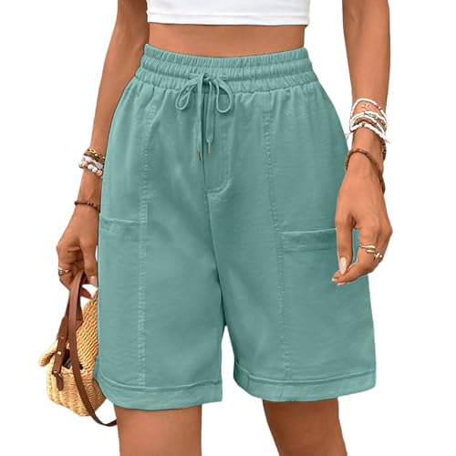 HOTIAN Bermuda Shorts Damen Lange Elastische Hohe Taille Weite Bein Kurzhose Sommerhose Baumwolle Casual Sporthose mit Taschen von HOTIAN