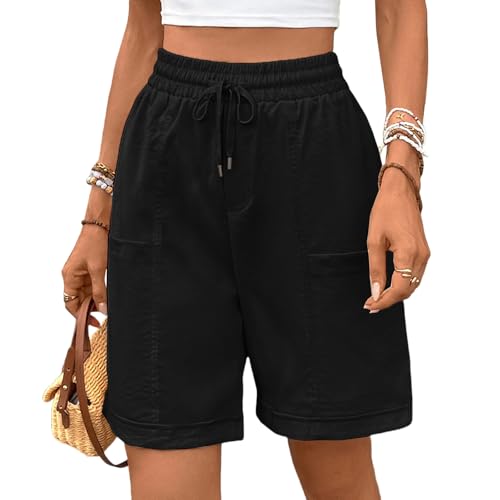 HOTIAN Bermuda Shorts Damen Lange Elastische Hohe Taille Weite Bein Kurzhose Sommerhose Baumwolle Casual Sporthose mit Taschen von HOTIAN