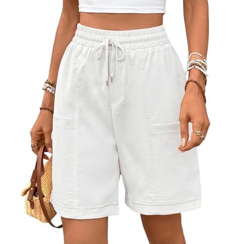 HOTIAN Bermuda Shorts Damen Lange Elastische Hohe Taille Weite Bein Kurzhose Sommerhose Baumwolle Casual Sporthose mit Taschen von HOTIAN