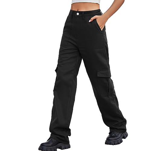 HOTIAN Cargohose Damen Baggy High Waist Jogginghose Y2K Cargohose für Damen und 6 Taschen Damen Fashion Casual Sporthose Black L von HOTIAN