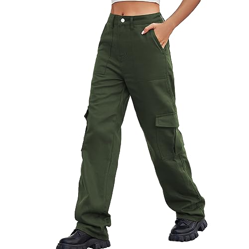 HOTIAN Cargohose Damen Baggy High Waist Jogginghose Y2K Cargohose für Damen und 6 Taschen Damen Fashion Casual Sporthose Amy Green L von HOTIAN