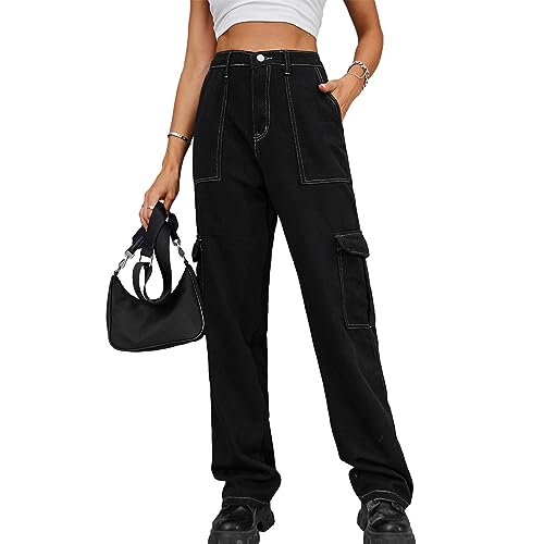 HOTIAN Cargohose Damen Baggy High Waist Jogginghose Y2K Cargohose für Damen und 6 Taschen Damen Fashion Casual Sporthose Black01 XL von HOTIAN