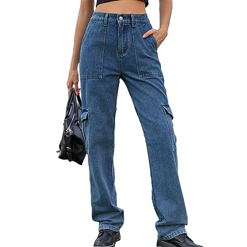 HOTIAN Cargohose Damen Baggy High Waist Jogginghose Y2K Cargohose für Damen und 6 Taschen Damen Fashion Casual Sporthose Dark Blue L von HOTIAN