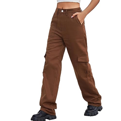 HOTIAN Cargohose Damen Baggy High Waist Jogginghose Y2K Cargohose für Damen und 6 Taschen Damen Fashion Casual Sporthose Brown M von HOTIAN