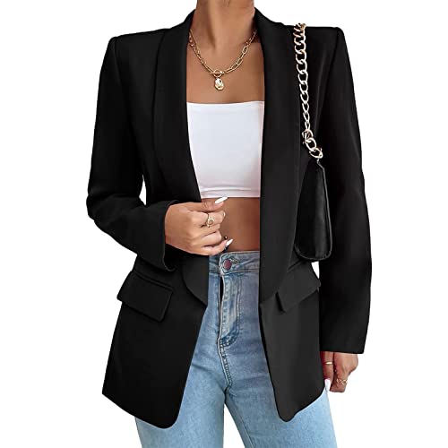 HOTIAN Damen Blazer, Casual Open Front Cardigan Langarm,Elegant Business Blazer, Lang Jacke mit Tasche und Knöpfe Black L von HOTIAN