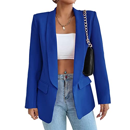 HOTIAN Damen Blazer, Casual Open Front Cardigan Langarm,Elegant Business Blazer, Lang Jacke mit Tasche und Knöpfe Blue L von HOTIAN