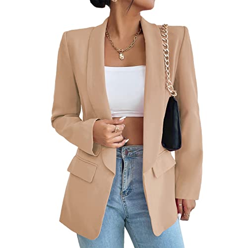 HOTIAN Damen Blazer, Casual Open Front Cardigan Langarm,Elegant Business Blazer, Lang Jacke mit Tasche und Knöpfe Khaki L von HOTIAN