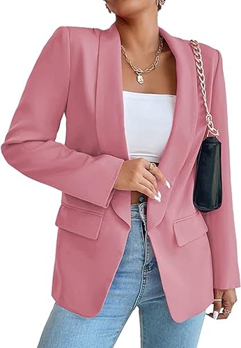 HOTIAN Damen Blazer, Casual Open Front Cardigan Langarm,Elegant Business Blazer, Lang Jacke mit Tasche und Knöpfe Pink L von HOTIAN