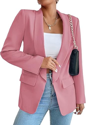 HOTIAN Damen Blazer, Casual Open Front Cardigan Langarm,Elegant Business Blazer, Lang Jacke mit Tasche und Knöpfe Pink M von HOTIAN